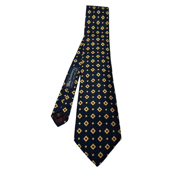 Burberrys Vintage Silk Tie Navy With Red & Yellow Diamond Pattern - Picture 5 of 5